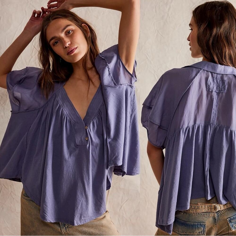 Free People Bohemian Billowy Oversized Sunray Babydoll Top Blue Granite Large - Picture 14 of 14